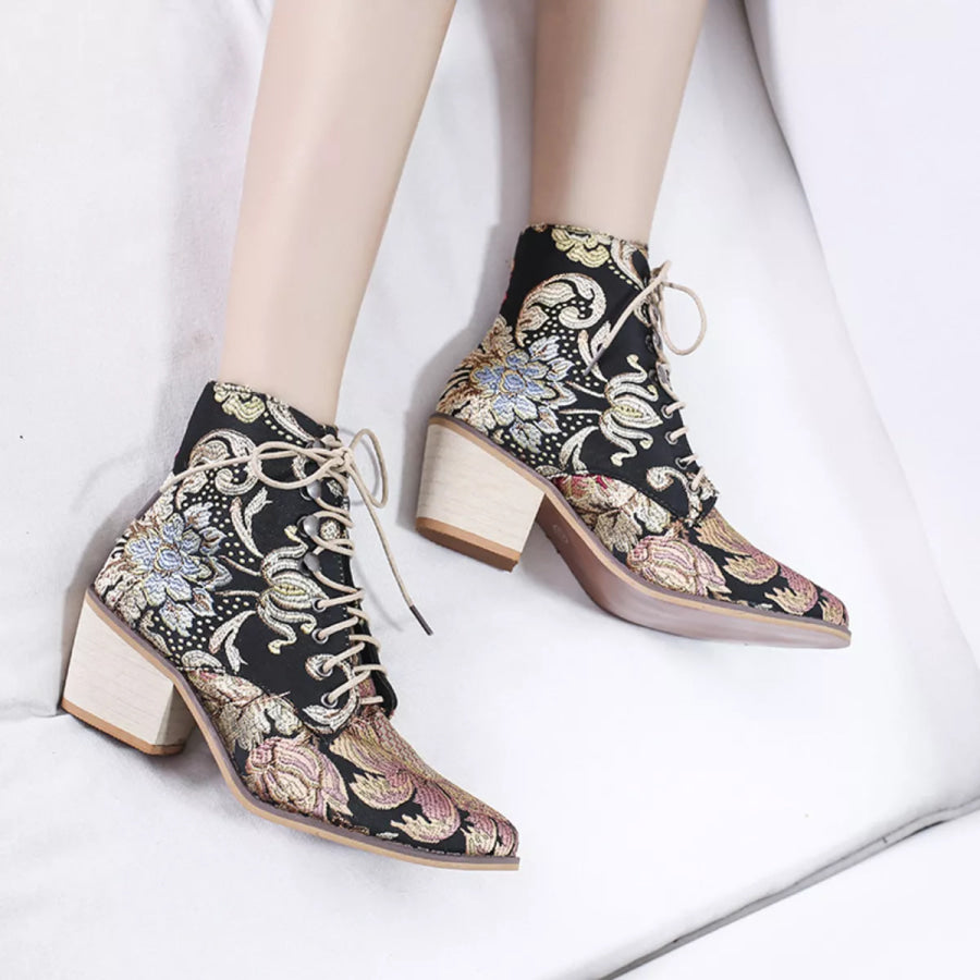 Embroidered Floral Lace-Up Ankle Boots Apparel and Accessories
