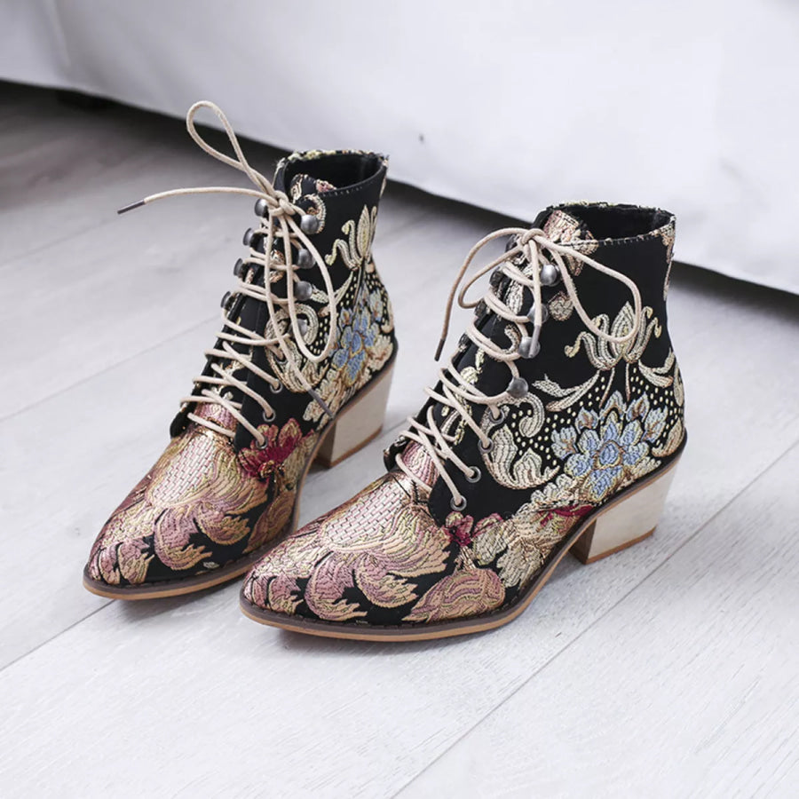 Embroidered Floral Lace-Up Ankle Boots Apparel and Accessories