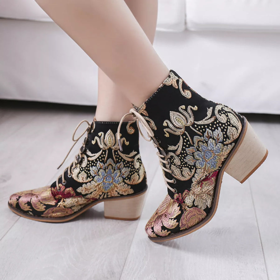 Embroidered Floral Lace-Up Ankle Boots Gold / 35 Apparel and Accessories