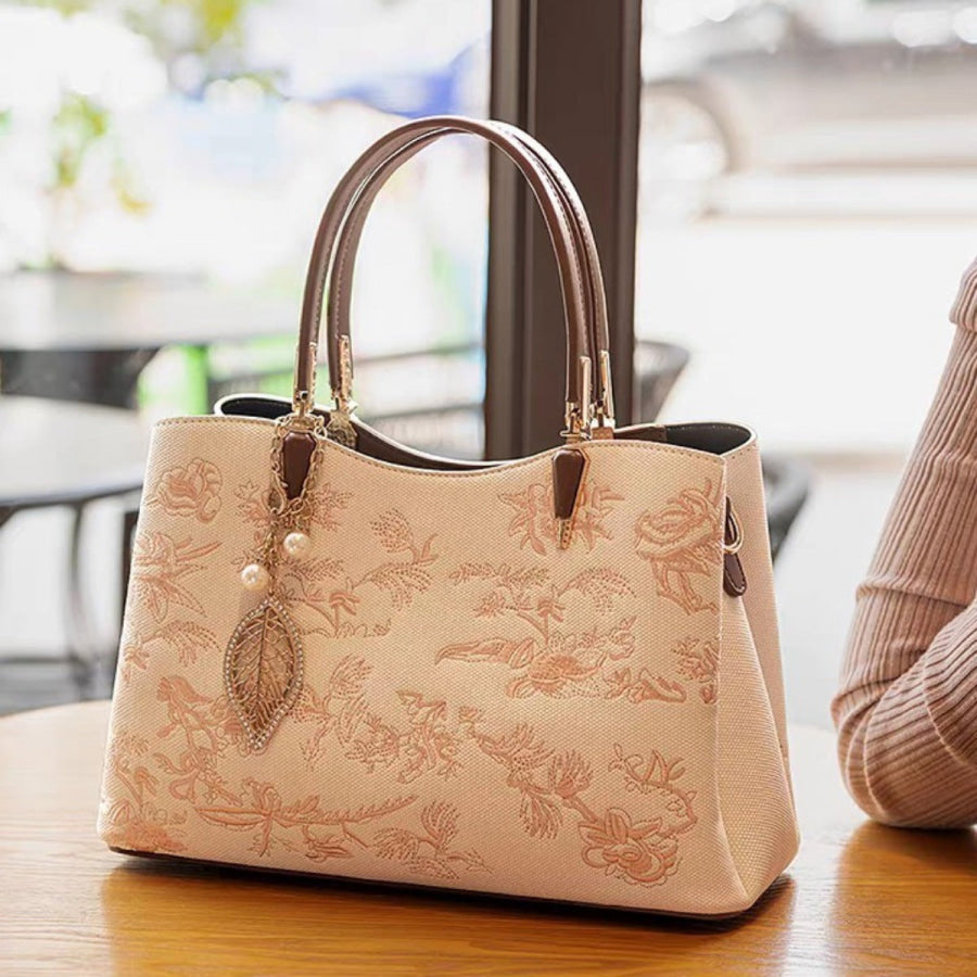 Embroidered Floral Leather Handbag Ivory / ONESIZE Apparel and Accessories