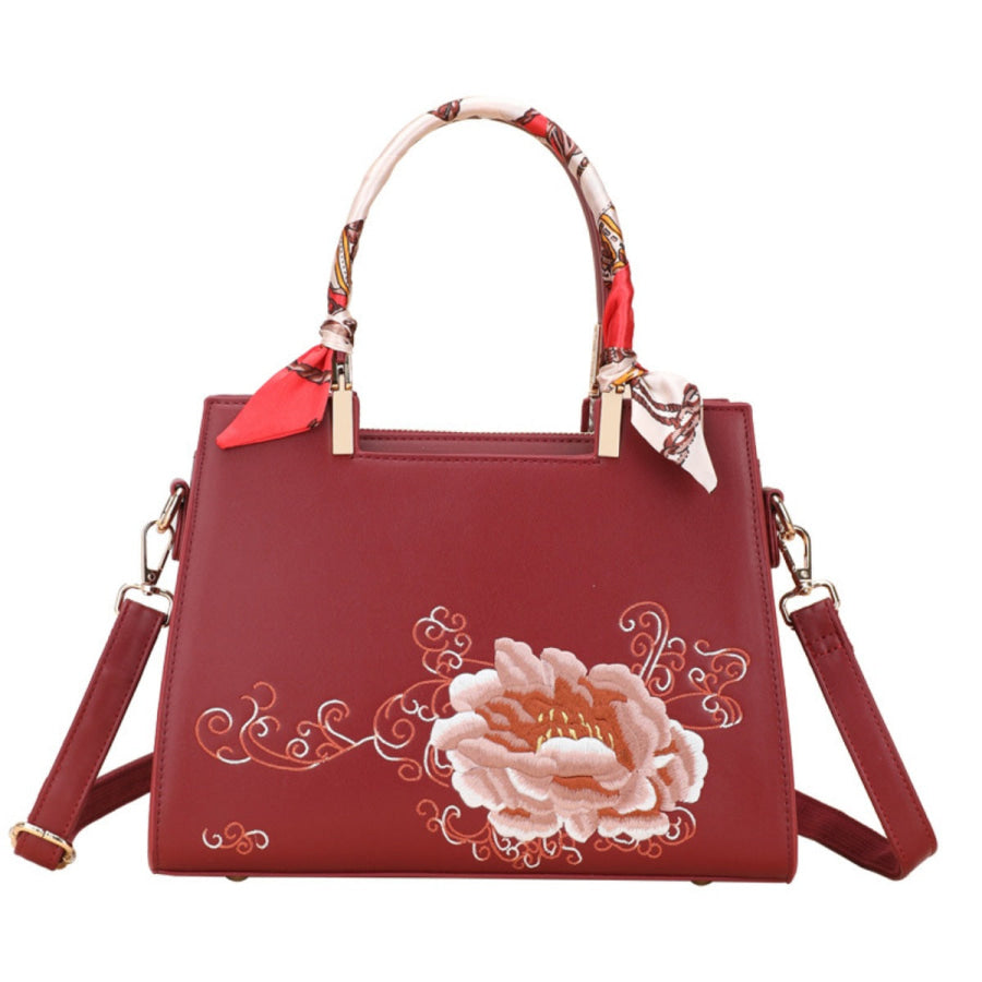 Embroidered Floral Leather Top Handle Handbag Scarlet / One Size Apparel and Accessories