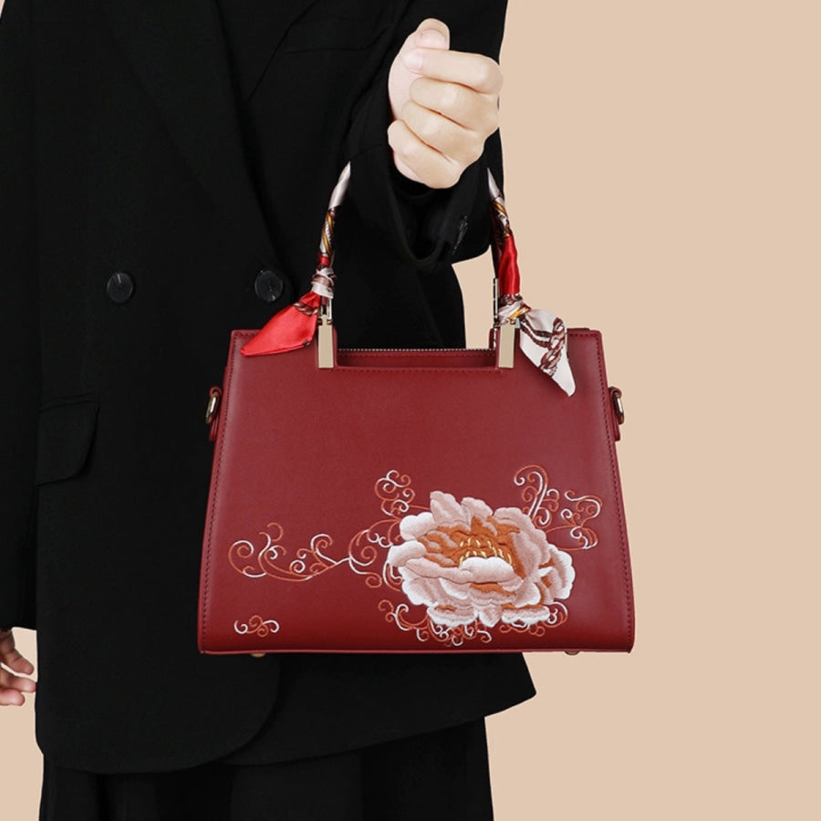 Embroidered Floral Leather Top Handle Handbag Scarlet / One Size Apparel and Accessories