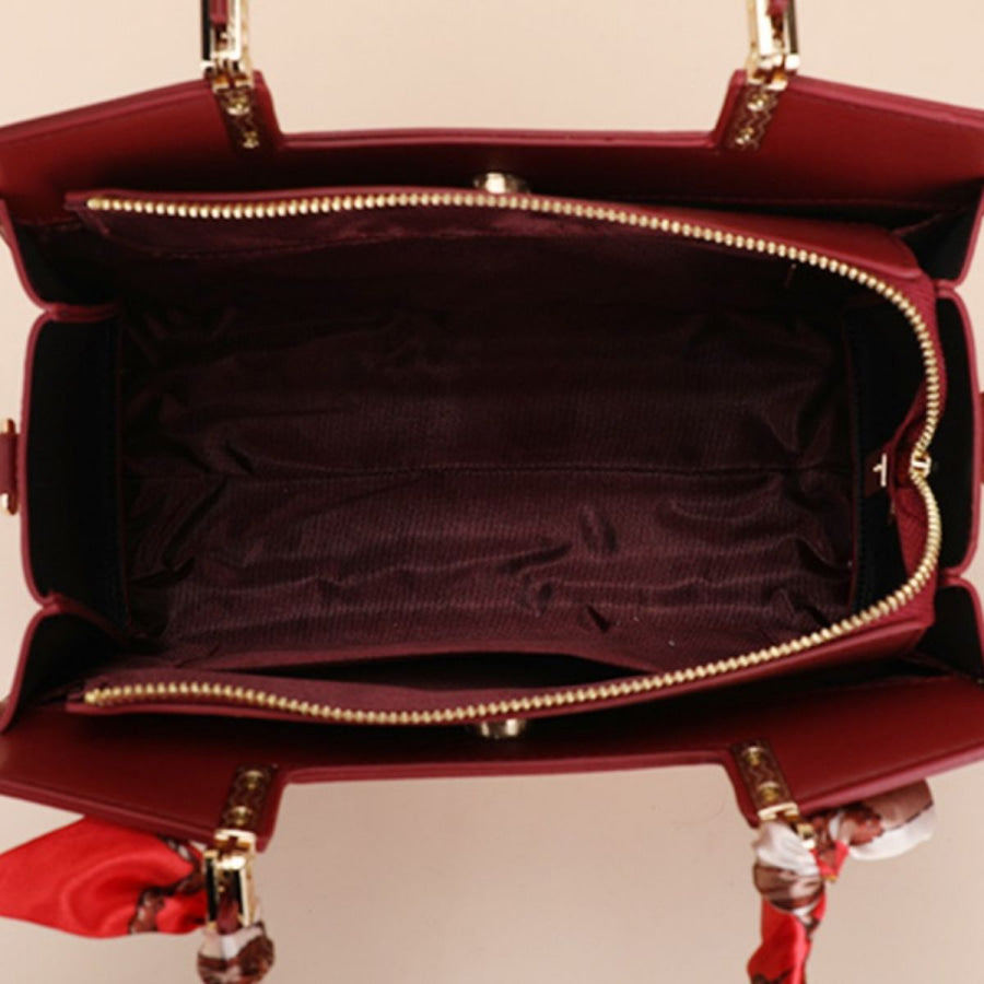 Embroidered Floral Leather Top Handle Handbag Scarlet / One Size Apparel and Accessories