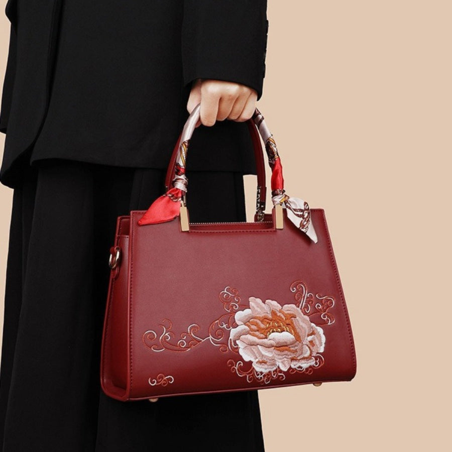 Embroidered Floral Leather Top Handle Handbag Scarlet / One Size Apparel and Accessories