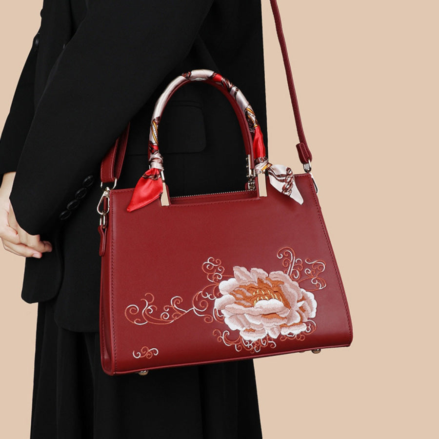 Embroidered Floral Leather Top Handle Handbag Scarlet / One Size Apparel and Accessories