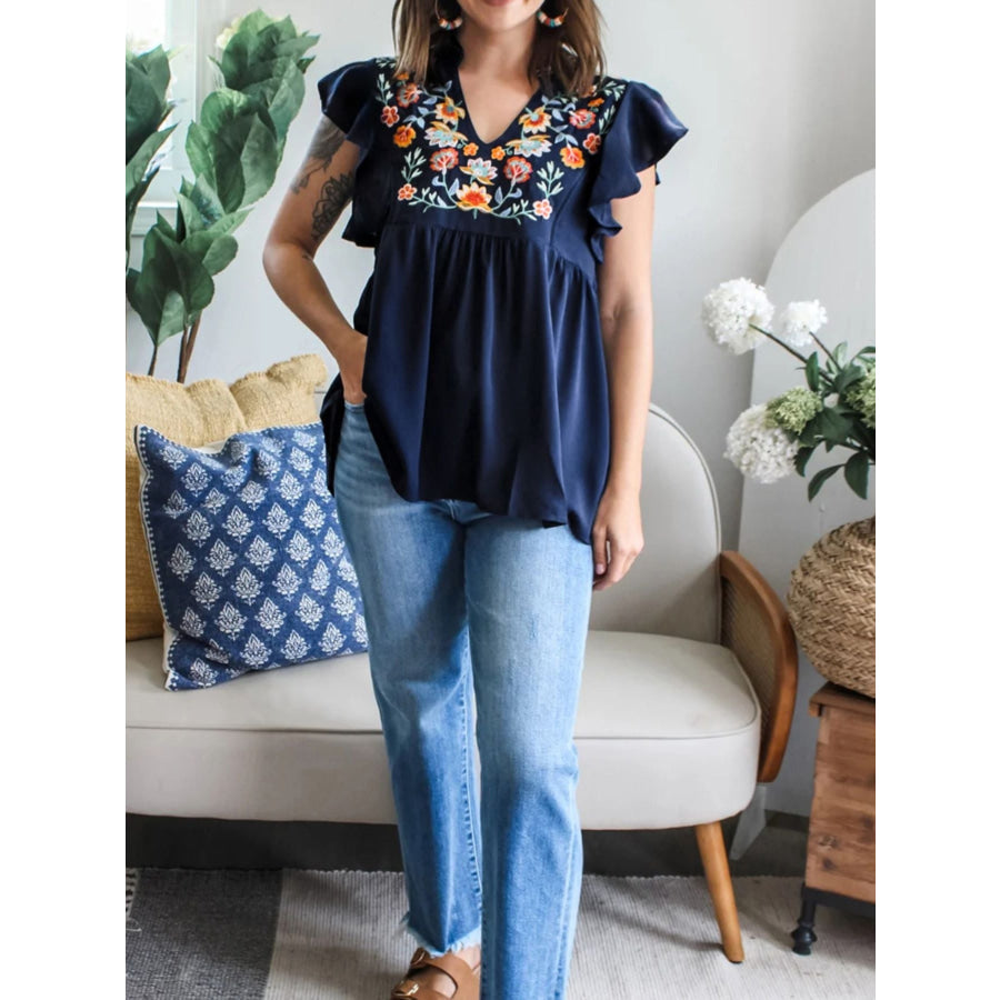 Embroidered Floral Ruffle Sleeve Blouse Apparel and Accessories