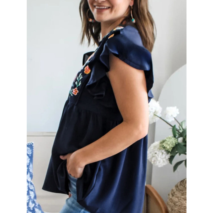 Embroidered Floral Ruffle Sleeve Blouse Apparel and Accessories