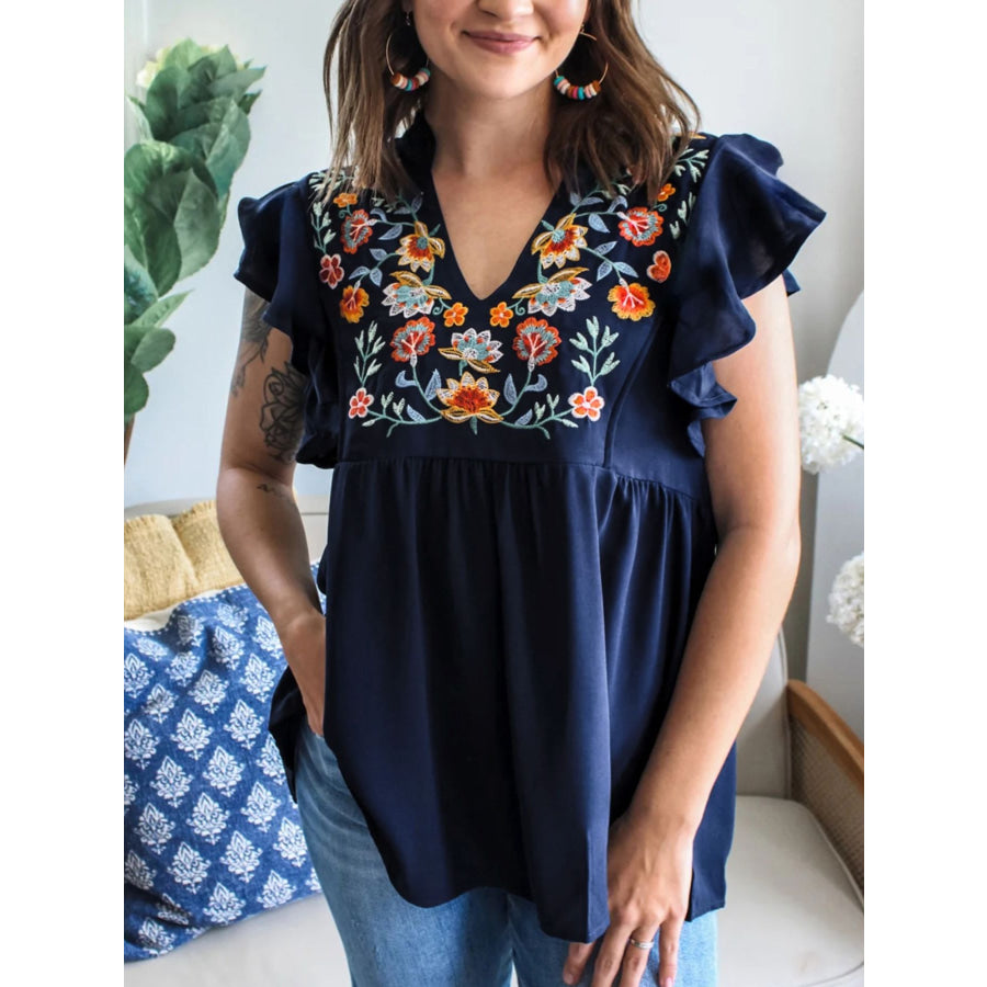 Embroidered Floral Ruffle Sleeve Blouse Navy / S Apparel and Accessories