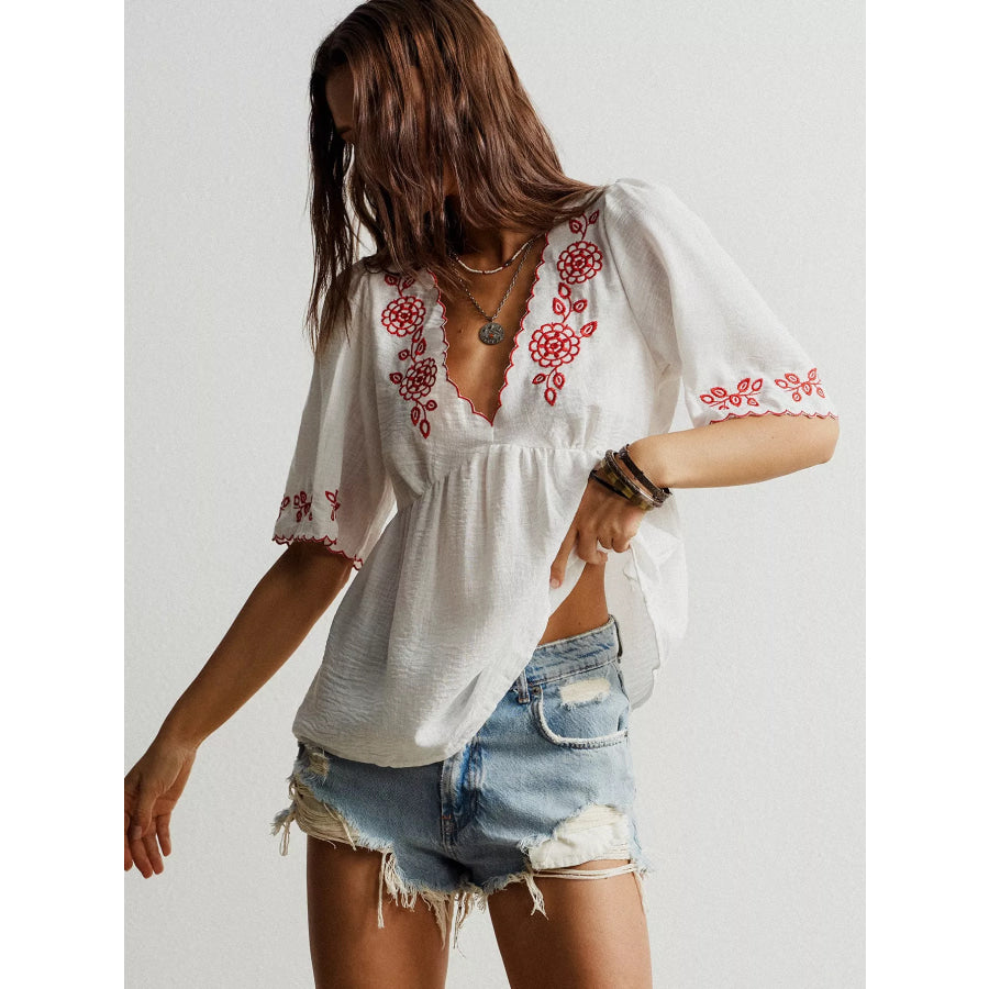 Embroidered Floral V-Neck Blouse Apparel and Accessories