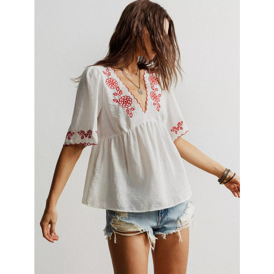 Embroidered Floral V-Neck Blouse Apparel and Accessories