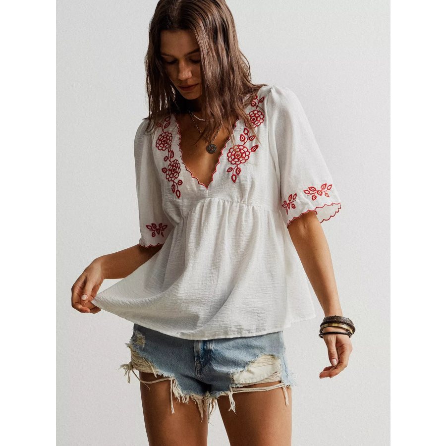 Embroidered Floral V-Neck Blouse Apparel and Accessories