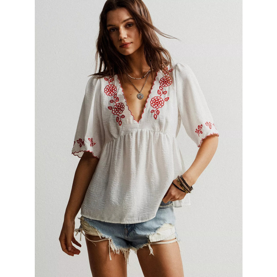 Embroidered Floral V-Neck Blouse Apparel and Accessories