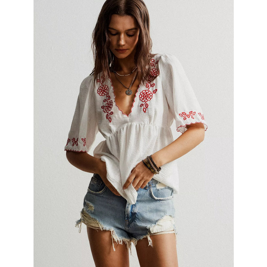 Embroidered Floral V-Neck Blouse Apparel and Accessories