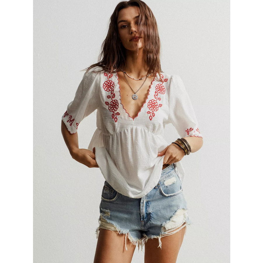Embroidered Floral V-Neck Blouse White / S Apparel and Accessories