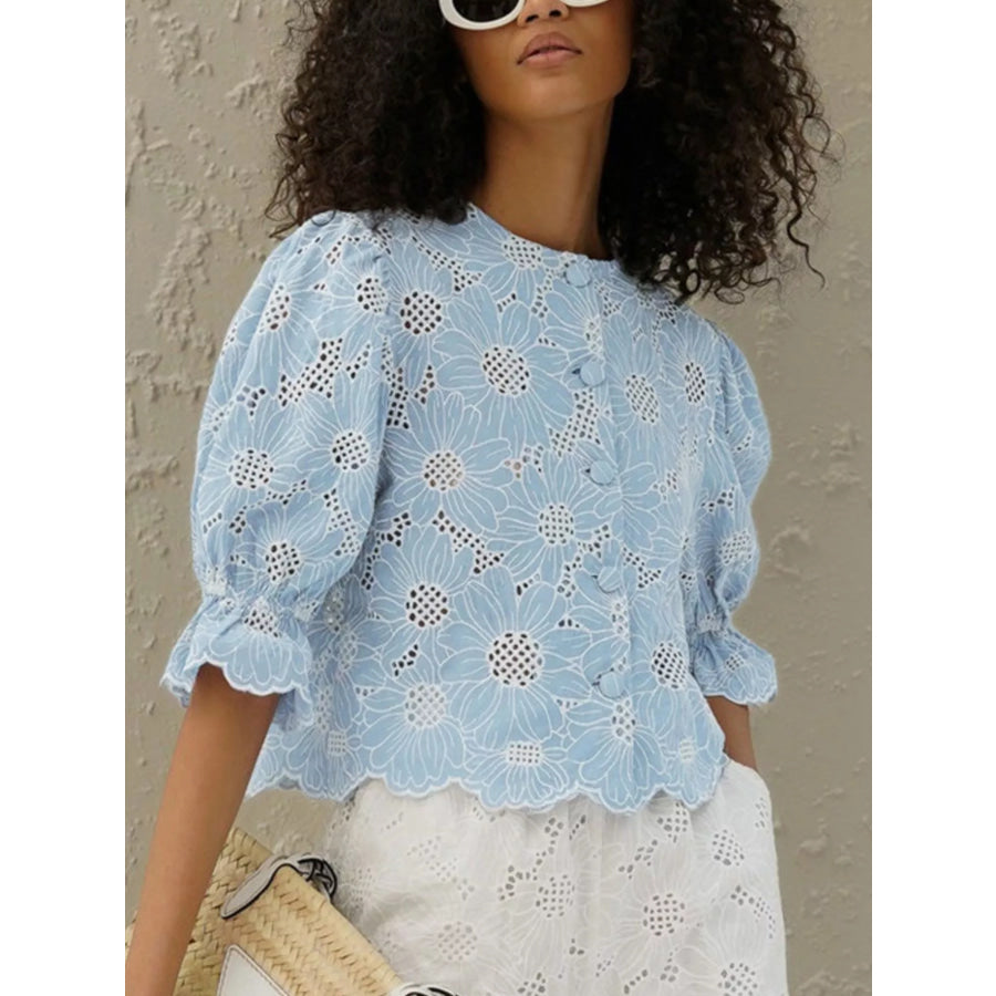 Embroidered Flounce Sleeve Blouse Apparel and Accessories