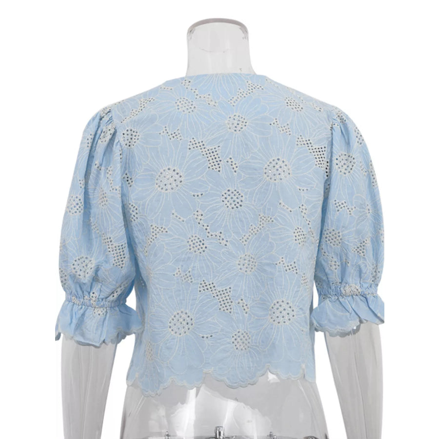 Embroidered Flounce Sleeve Blouse Apparel and Accessories