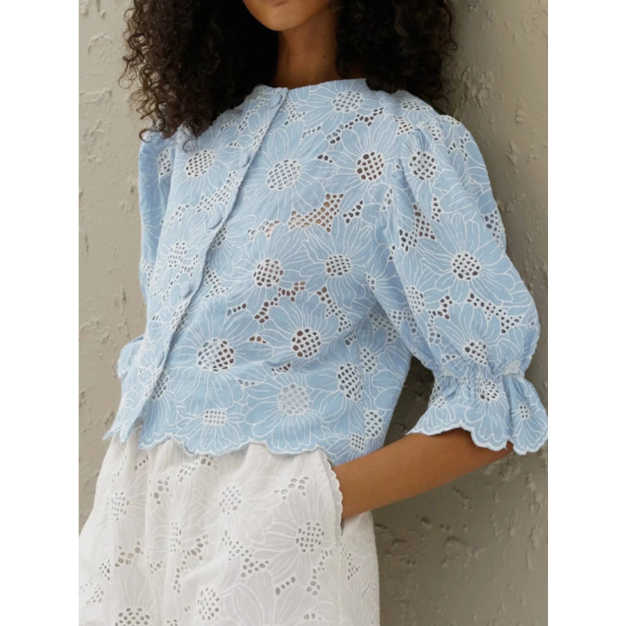 Embroidered Flounce Sleeve Blouse Apparel and Accessories