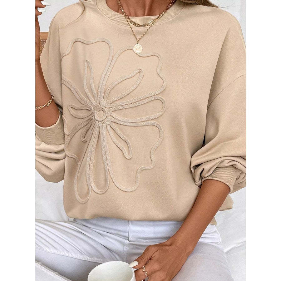 Embroidered Flower Pattern Drop Shoulder Sweatshirt Beige / S Apparel and Accessories