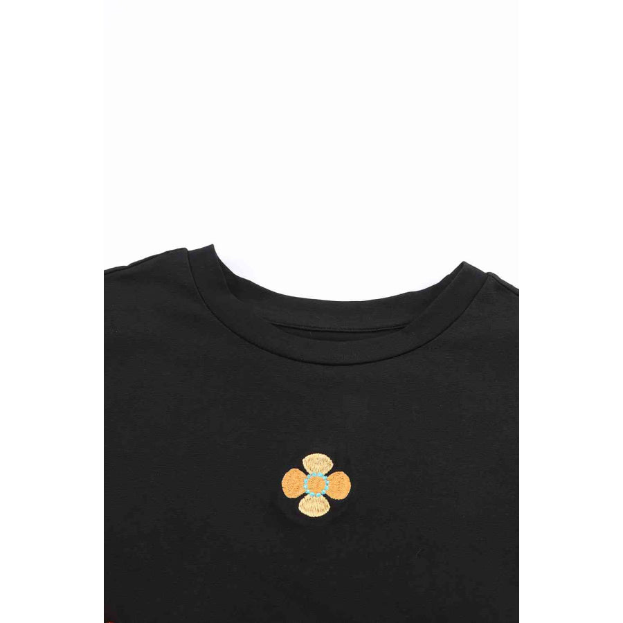 Embroidered Flower Round Neck Puff Sleeve Top Apparel and Accessories