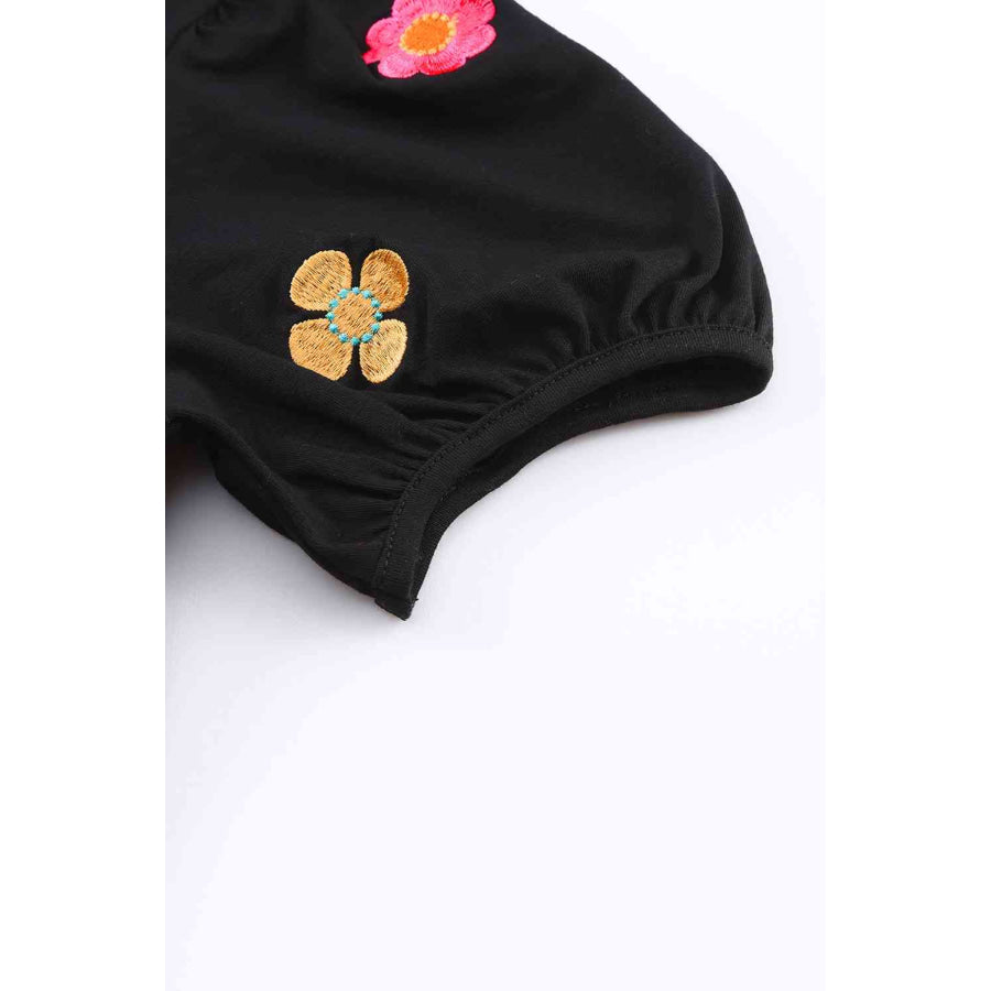 Embroidered Flower Round Neck Puff Sleeve Top Apparel and Accessories