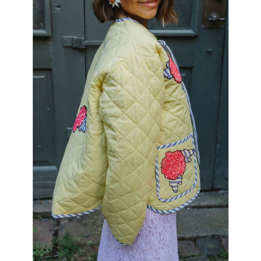 Embroidered Flower Tied Long Sleeve Winter Coat Pastel Yellow / S Apparel and Accessories