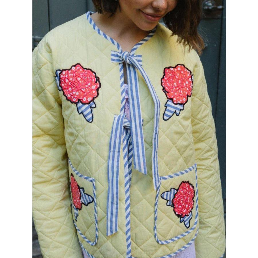 Embroidered Flower Tied Long Sleeve Winter Coat Apparel and Accessories