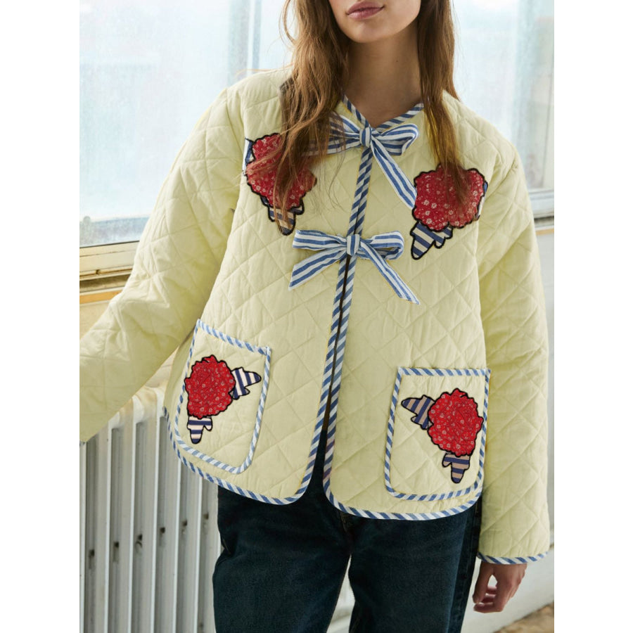 Embroidered Flower Tied Long Sleeve Winter Coat Pastel Yellow / S Apparel and Accessories