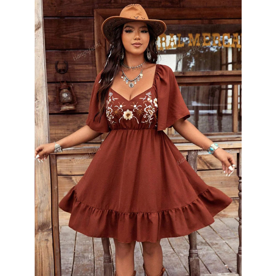 Embroidered Flutter Sleeve Mini Dress Apparel and Accessories