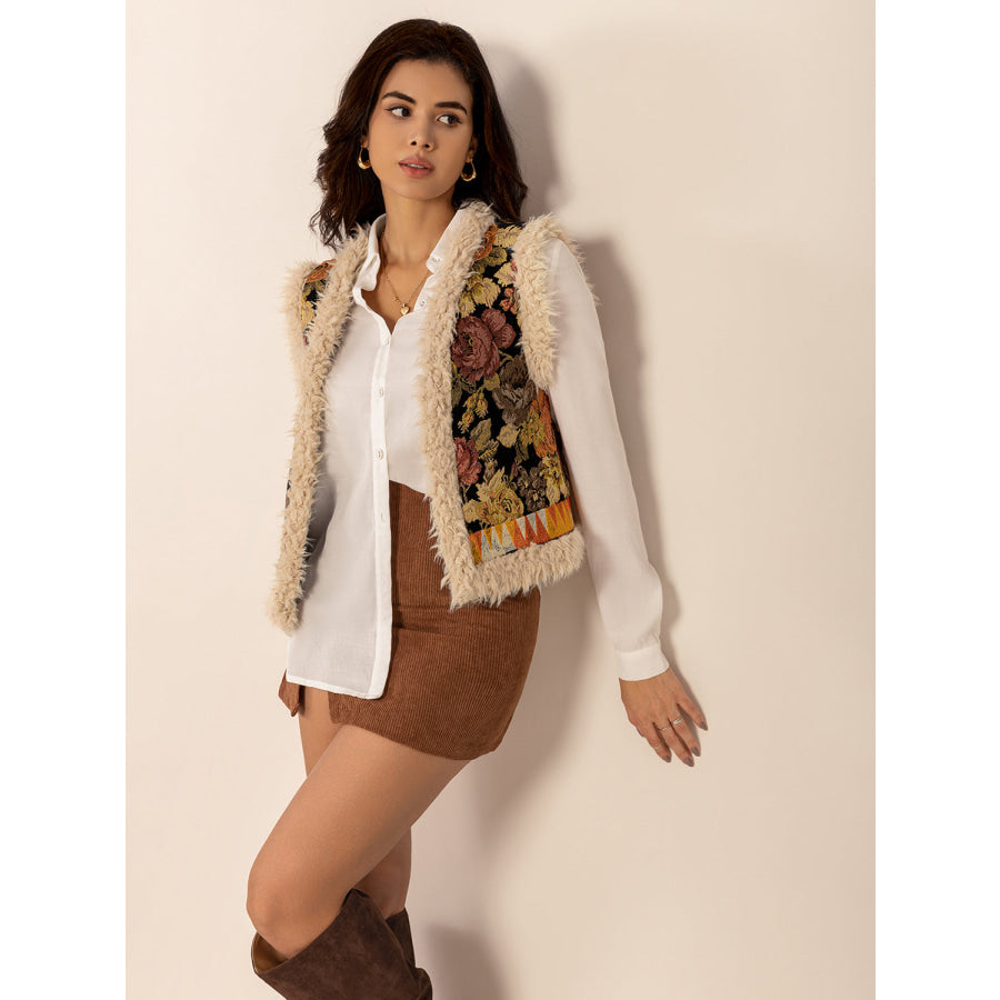 Embroidered Fuzzy Trim Open Front Vest Coat Apparel and Accessories