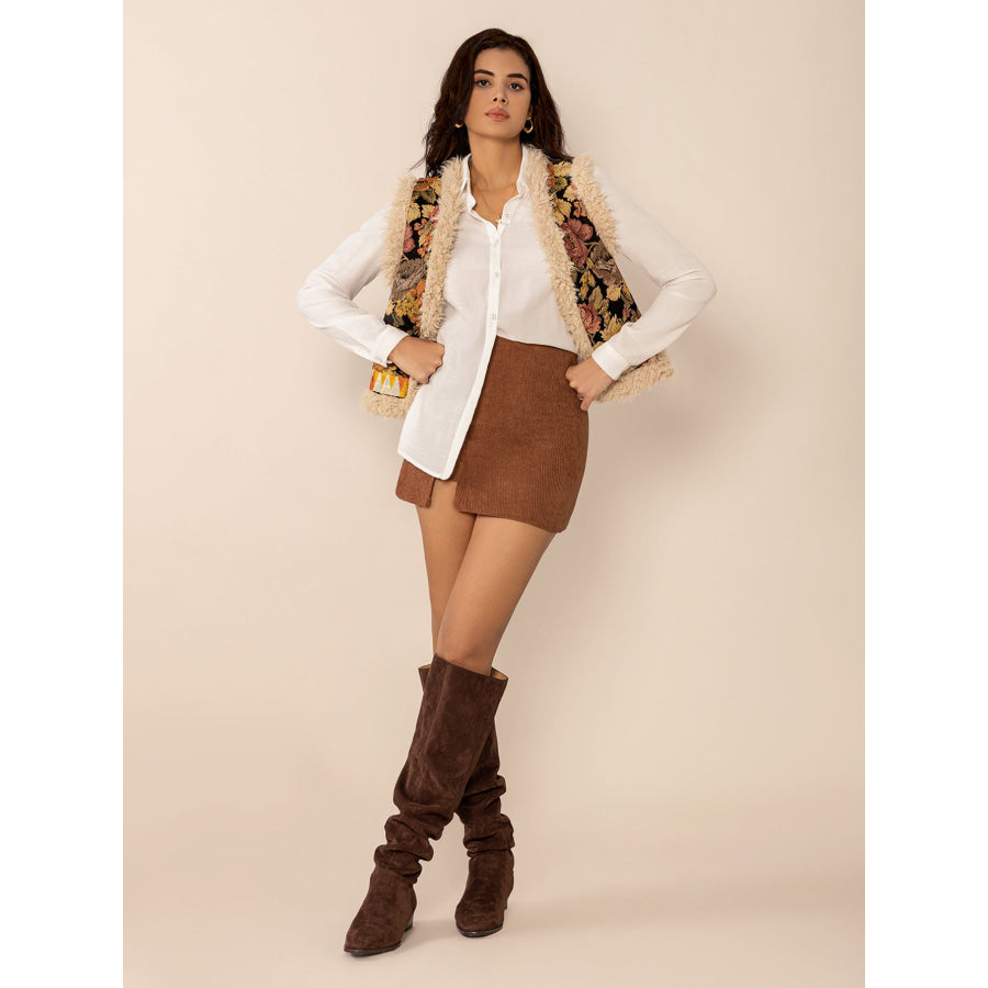 Embroidered Fuzzy Trim Open Front Vest Coat Apparel and Accessories