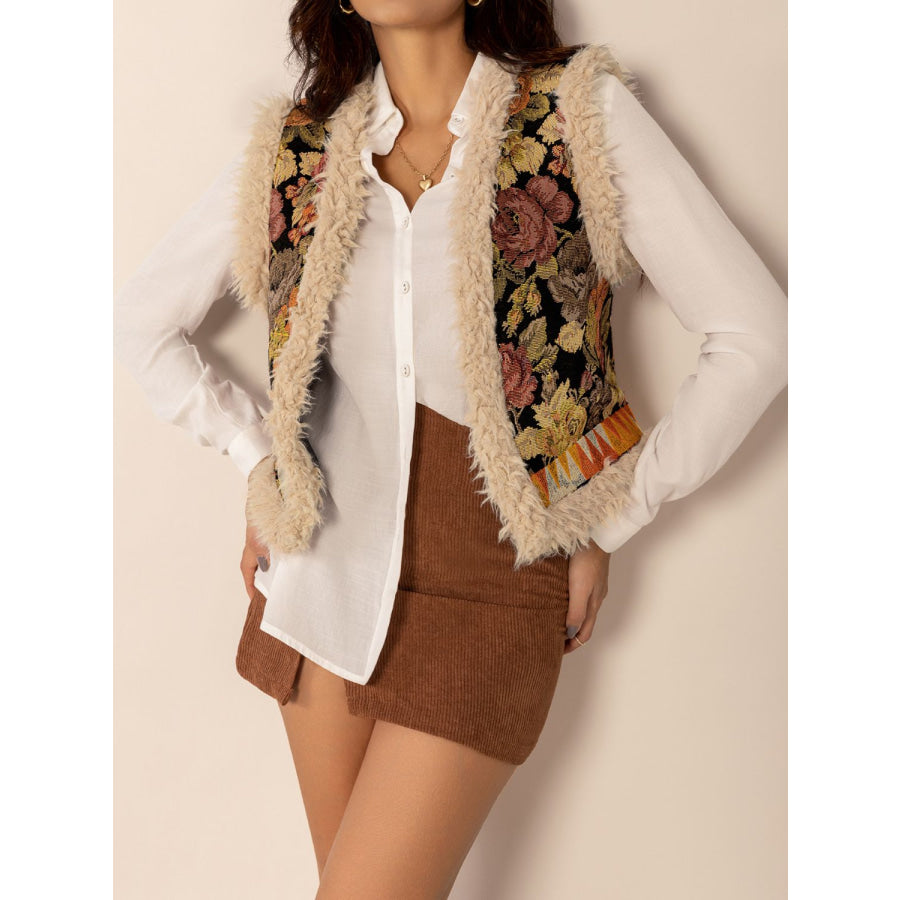 Embroidered Fuzzy Trim Open Front Vest Coat Apparel and Accessories