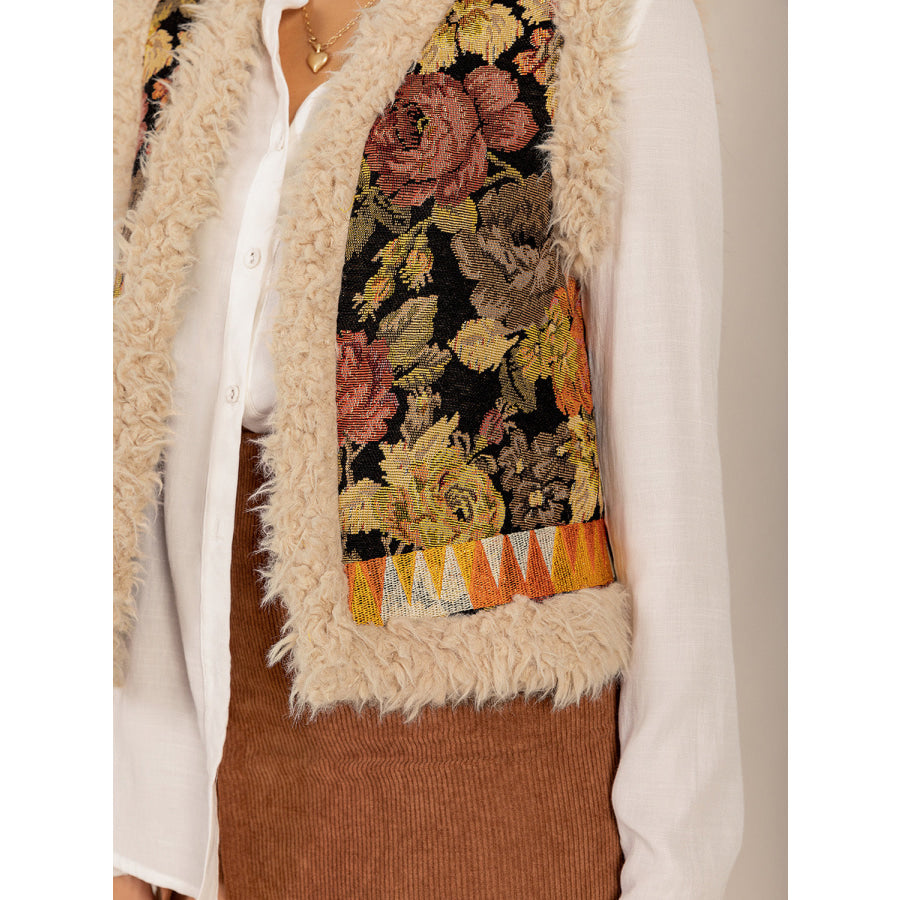 Embroidered Fuzzy Trim Open Front Vest Coat Apparel and Accessories