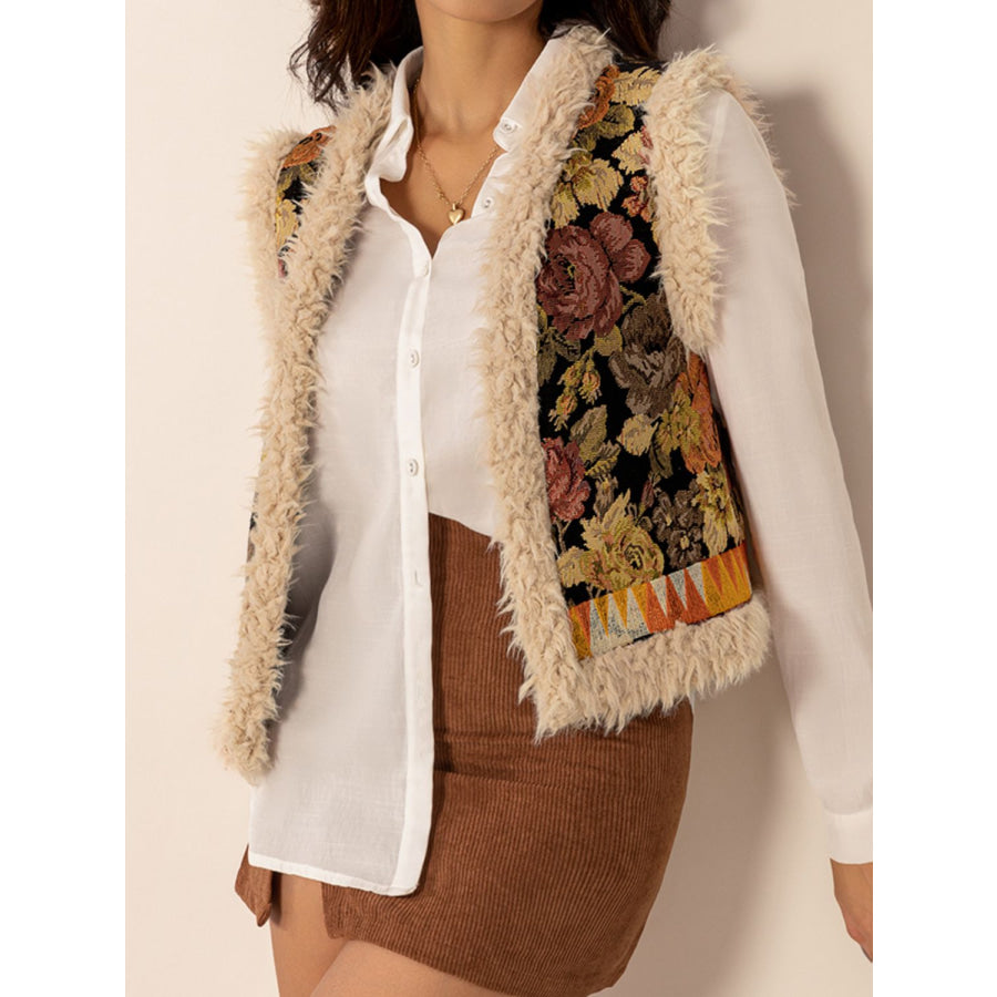 Embroidered Fuzzy Trim Open Front Vest Coat Apparel and Accessories