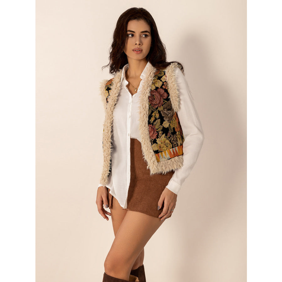 Embroidered Fuzzy Trim Open Front Vest Coat Apparel and Accessories