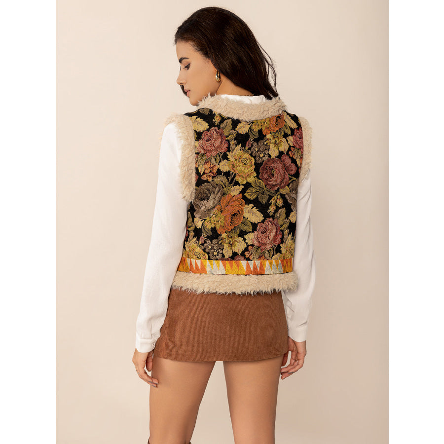 Embroidered Fuzzy Trim Open Front Vest Coat Multicolor / S Apparel and Accessories