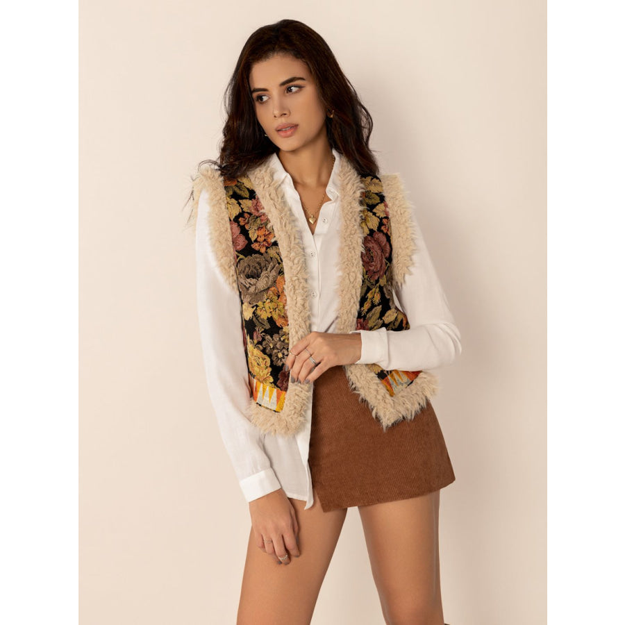Embroidered Fuzzy Trim Open Front Vest Coat Multicolor / S Apparel and Accessories