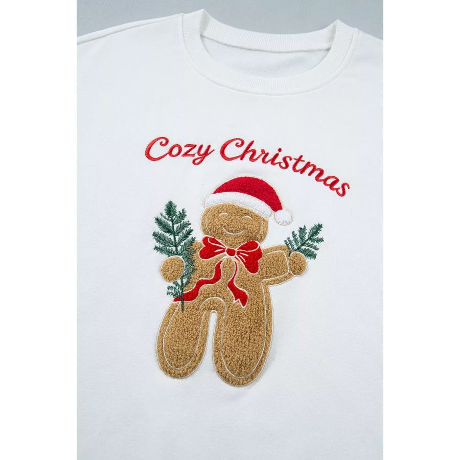 Embroidered Gingerbread Cozy Christmas Long Sleeve Round Neck Sweatshirt Apparel and Accessories