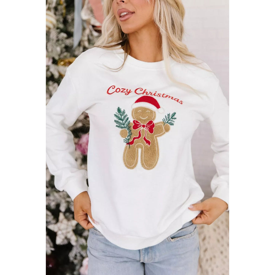 Embroidered Gingerbread Cozy Christmas Long Sleeve Round Neck Sweatshirt Apparel and Accessories