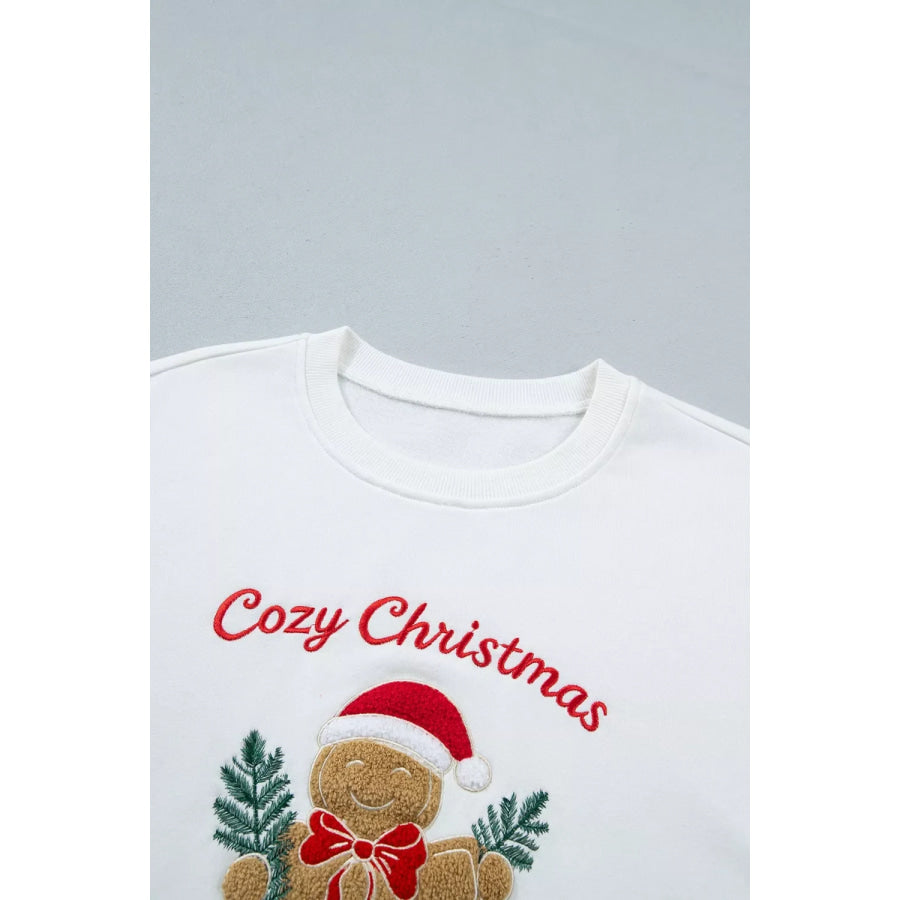 Embroidered Gingerbread Cozy Christmas Long Sleeve Round Neck Sweatshirt Apparel and Accessories