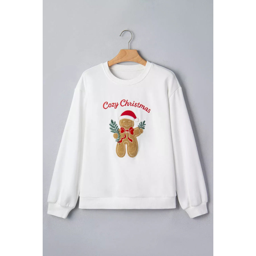 Embroidered Gingerbread Cozy Christmas Long Sleeve Round Neck Sweatshirt Apparel and Accessories