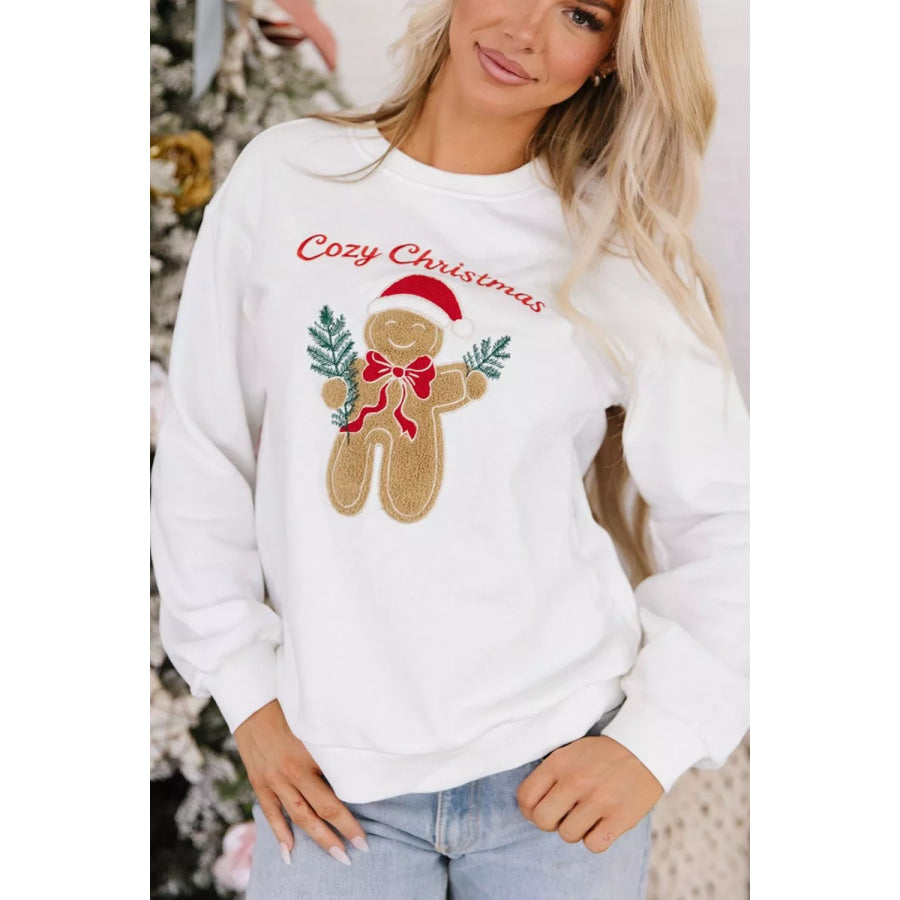 Embroidered Gingerbread Cozy Christmas Long Sleeve Round Neck Sweatshirt Apparel and Accessories
