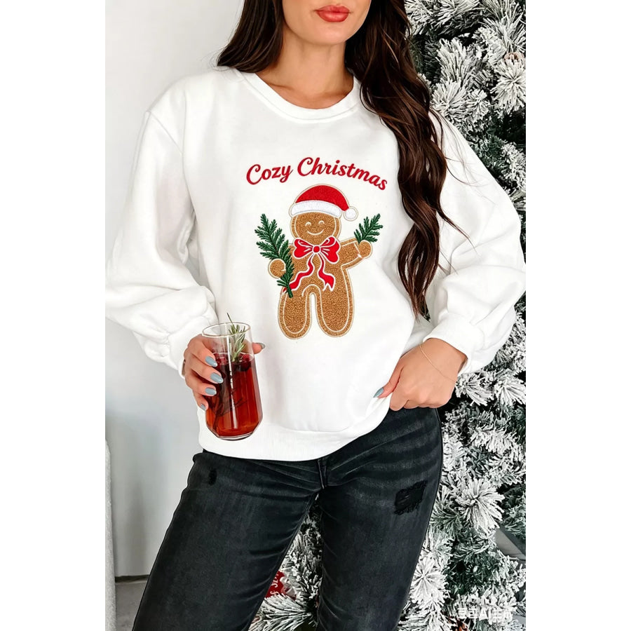 Embroidered Gingerbread Cozy Christmas Long Sleeve Round Neck Sweatshirt White / S Apparel and Accessories