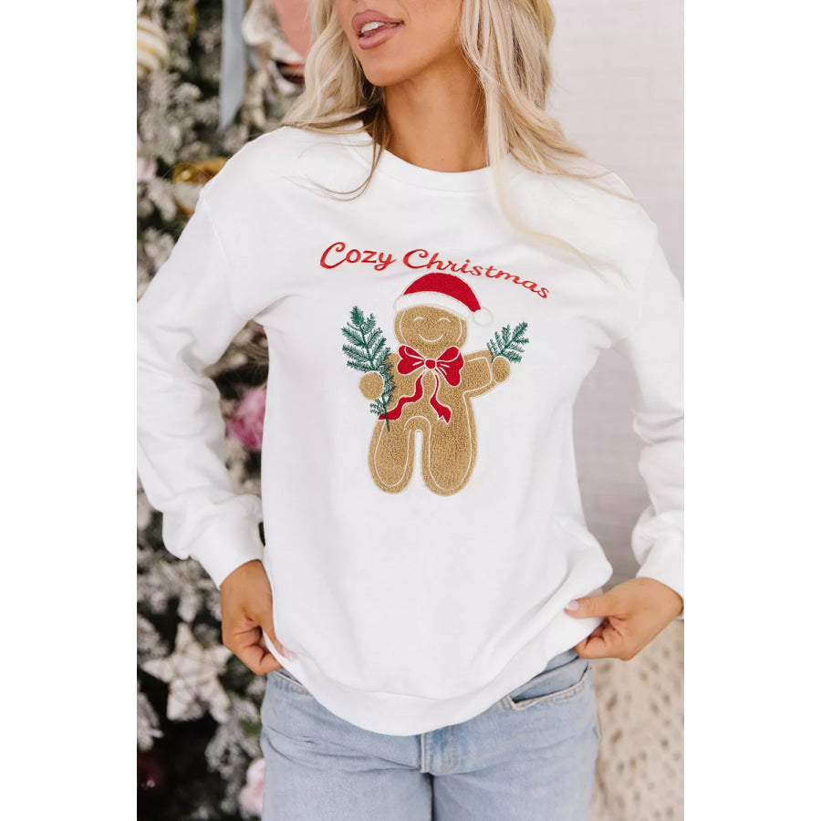 Embroidered Gingerbread Cozy Christmas Long Sleeve Round Neck Sweatshirt White / S Apparel and Accessories