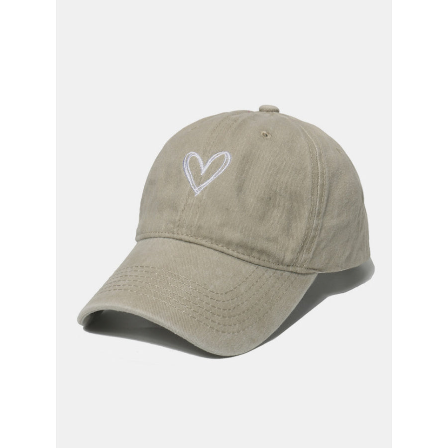 Embroidered Heart Washed Cotton Baseball Cap Beige / One Size Apparel and Accessories