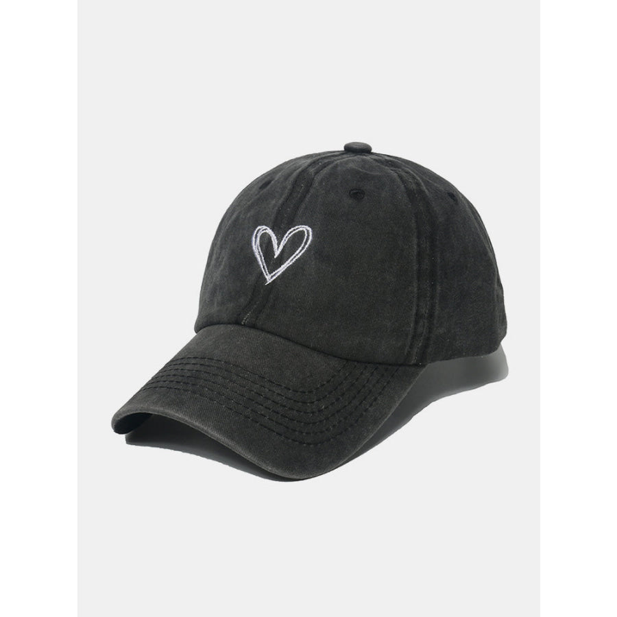 Embroidered Heart Washed Cotton Baseball Cap Black / One Size Apparel and Accessories