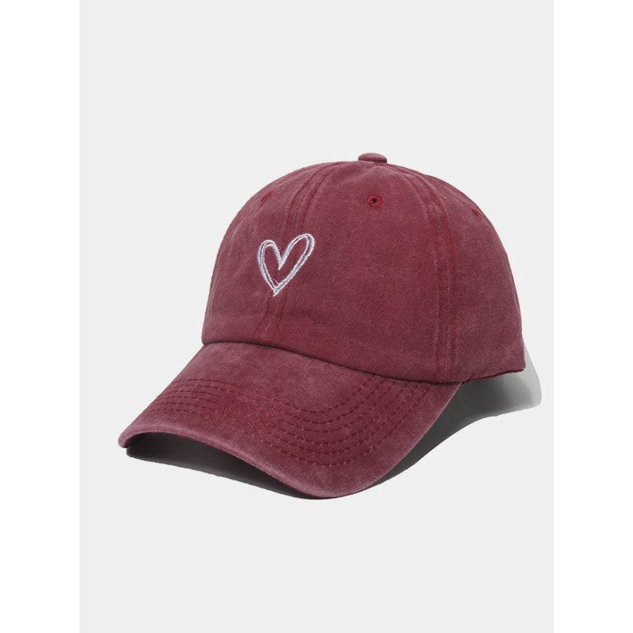 Embroidered Heart Washed Cotton Baseball Cap Burgundy / One Size Apparel and Accessories