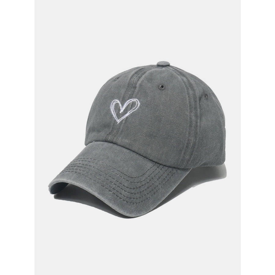 Embroidered Heart Washed Cotton Baseball Cap Gray / One Size Apparel and Accessories