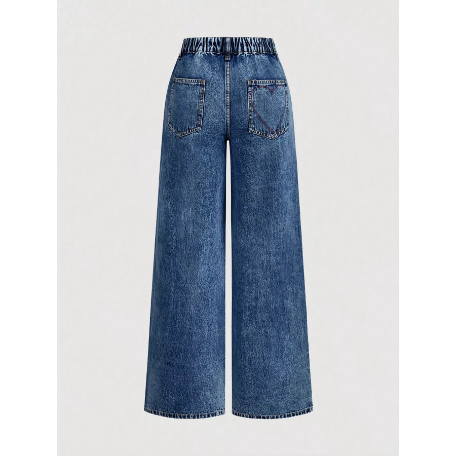 Embroidered Heart Wide-Leg Jeans Dark Blue / XS Apparel and Accessories