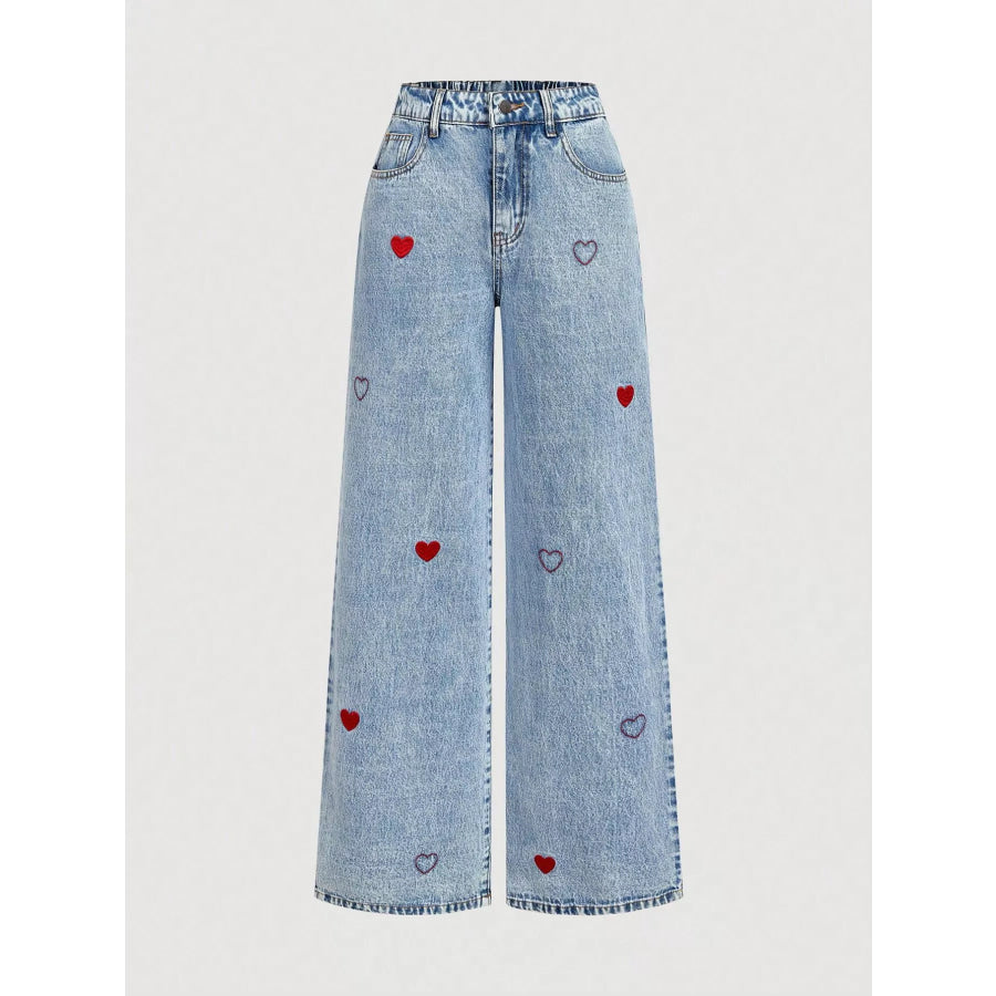 Embroidered Heart Wide-Leg Jeans Light / XS Apparel and Accessories