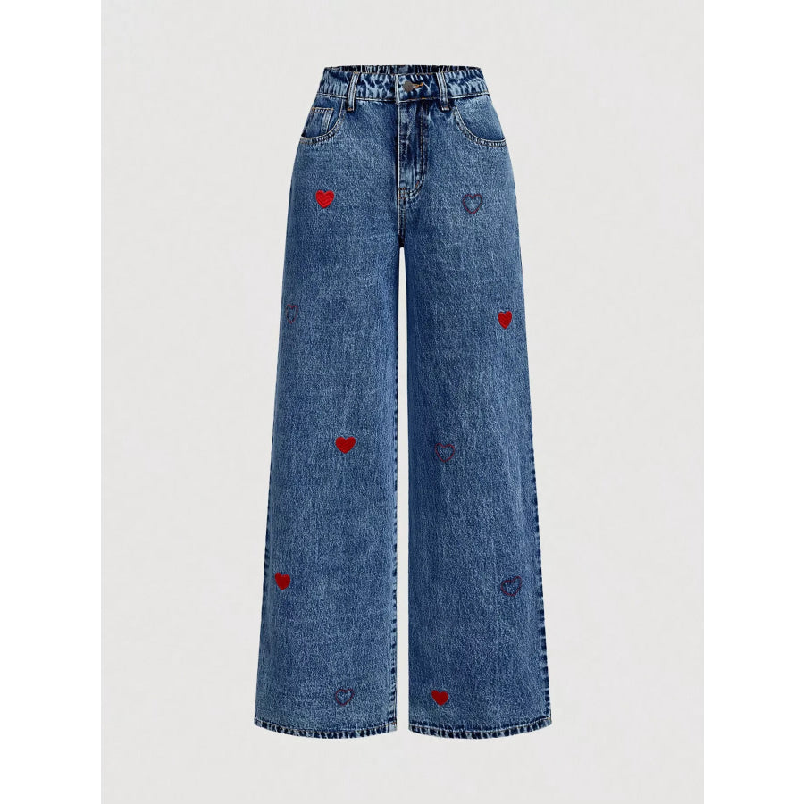 Embroidered Heart Wide-Leg Jeans Dark Blue / XS Apparel and Accessories